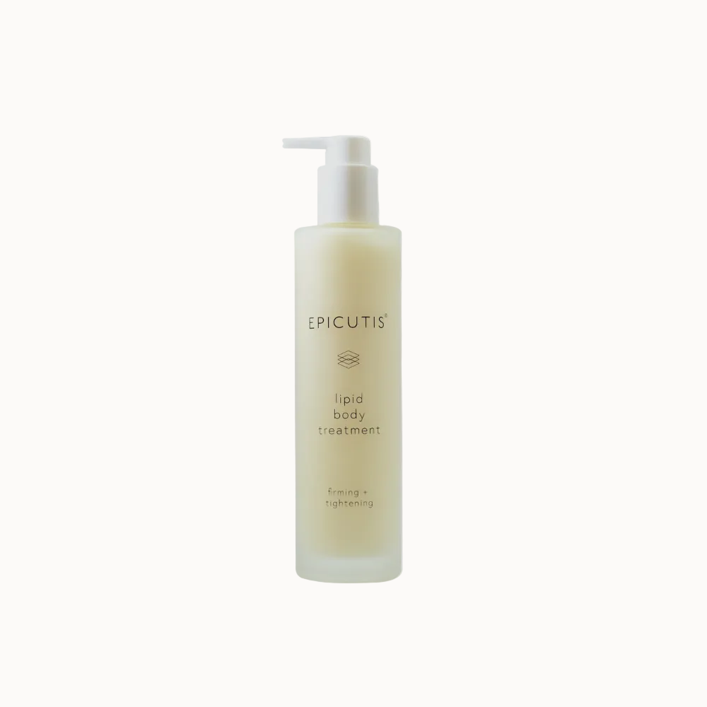 A frosted glass pump bottle of EPICUTIS Lipid Body Treatment with a white pump dispenser, containing a pale yellowish-cream liquid, set against a plain white background with a soft shadow.