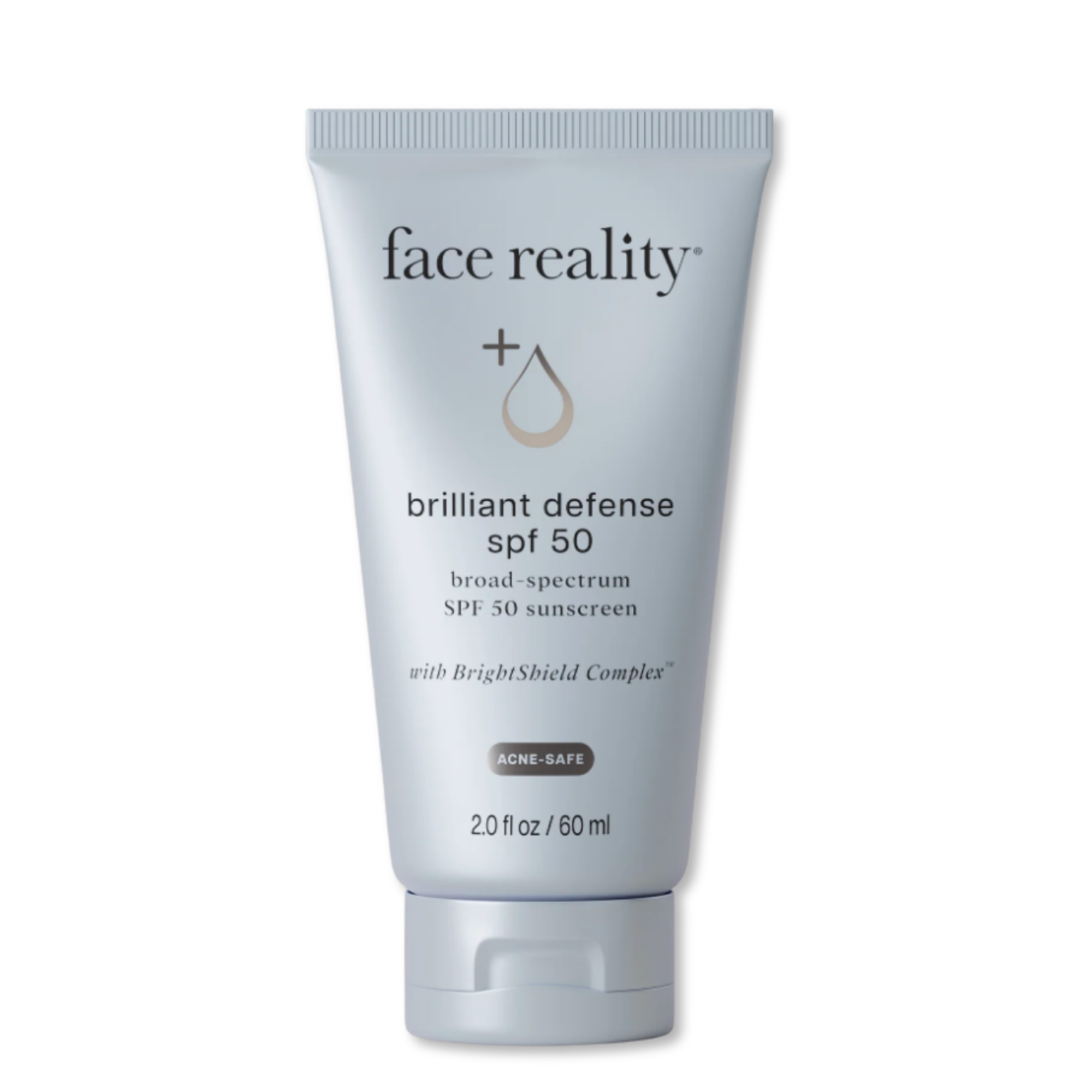 A 2.0 fl oz (60 ml) tube of face reality brilliant defense SPF 50 broad-spectrum sunscreen, shown on a clean white background.