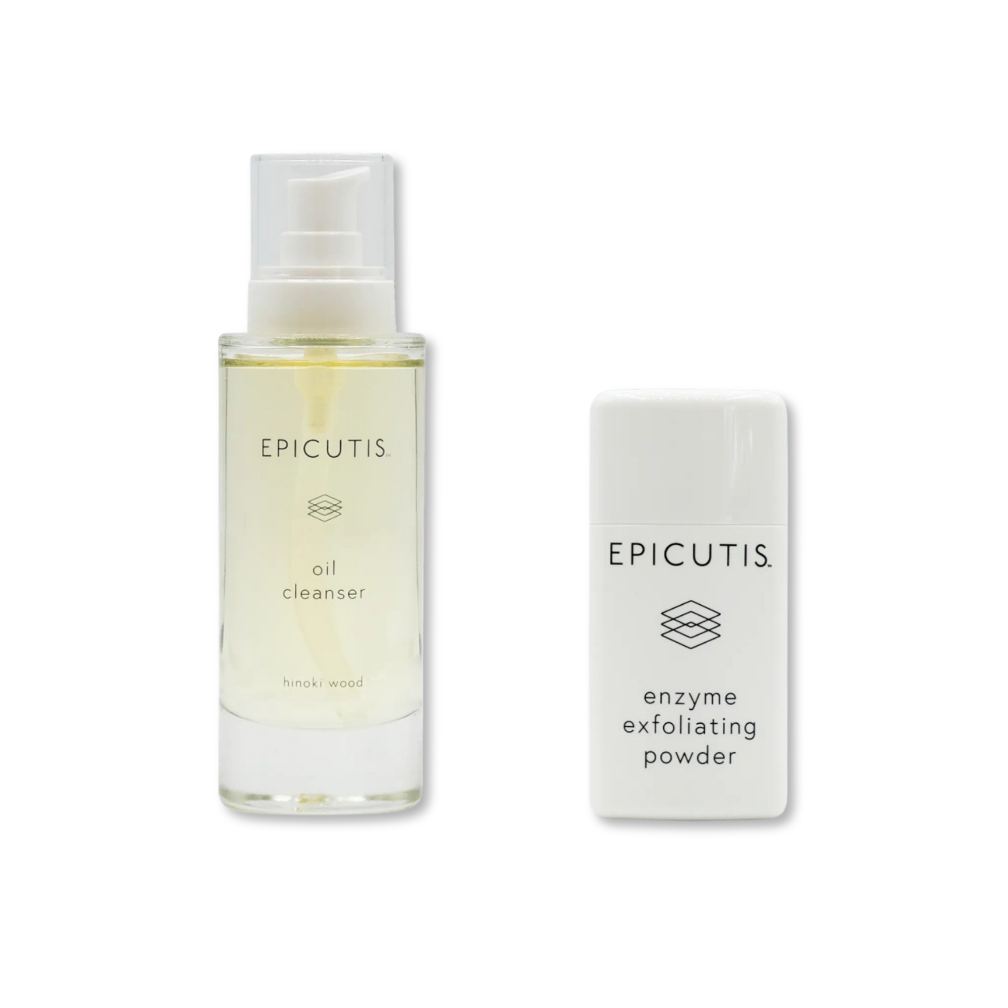 Epicutis oil cleanser bottle and enzyme exfoliating powder on a white background