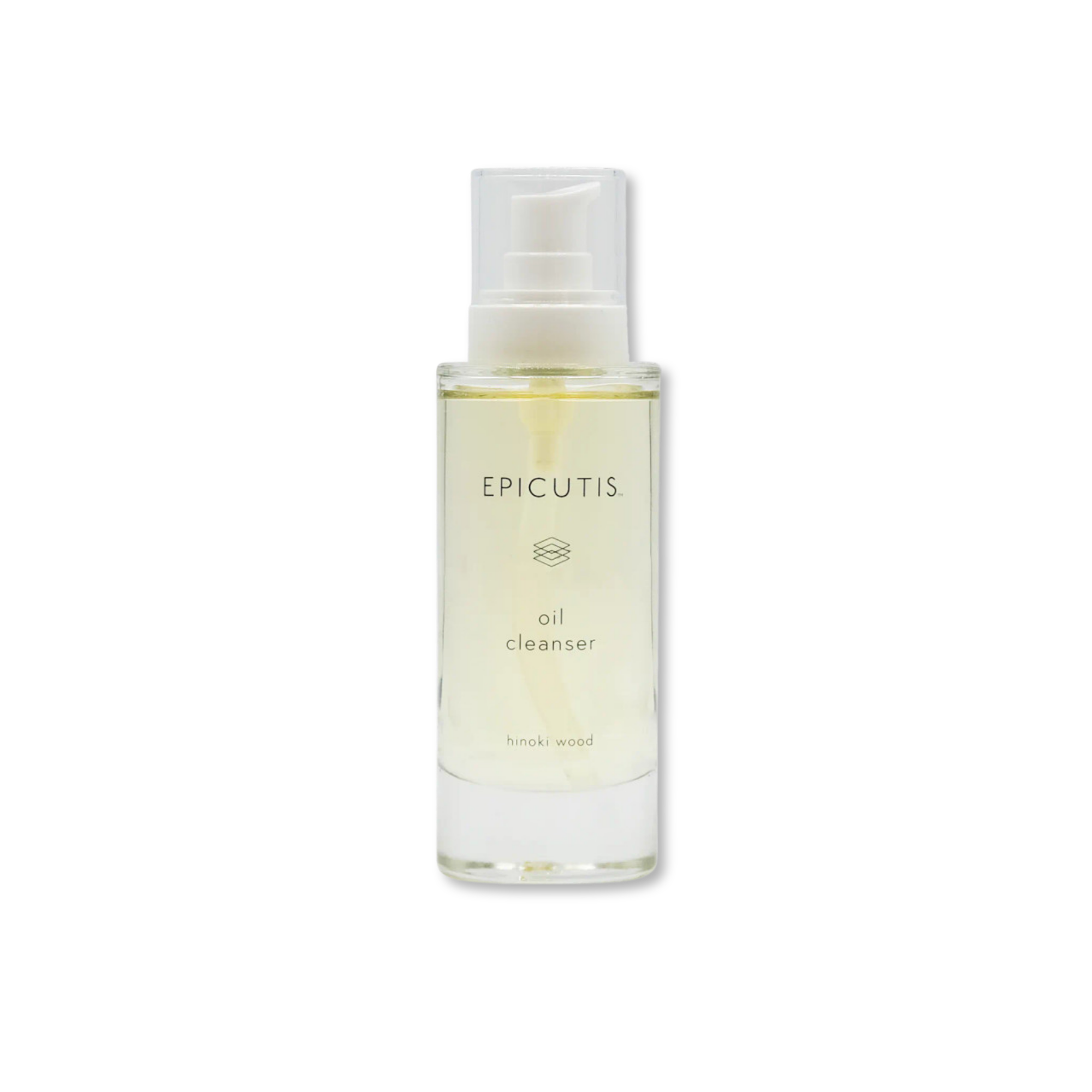 A clear glass bottle of Epicutis Oil Cleanser with a white pump dispenser, containing a pale yellow liquid, centered on a plain white background.